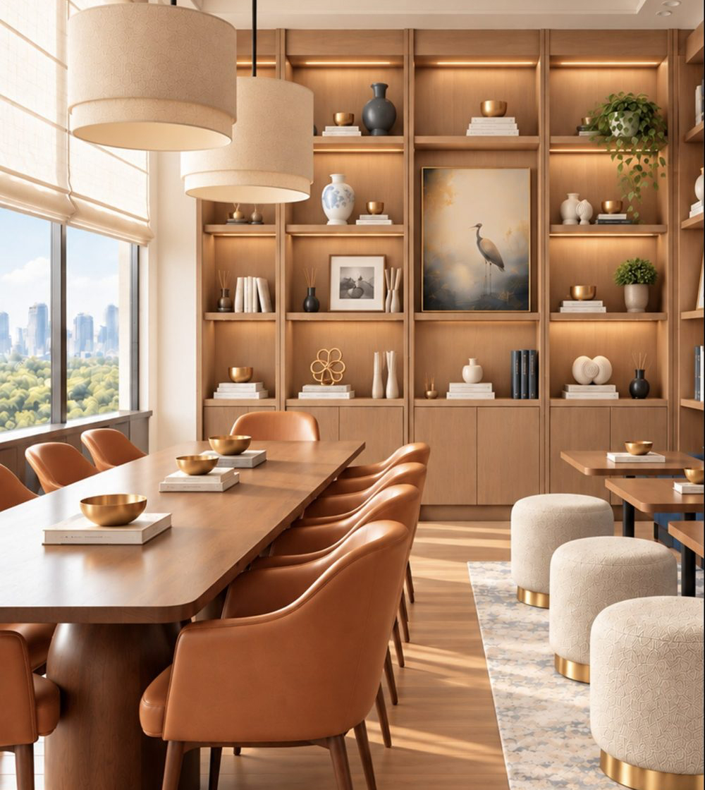 Boardroom with shelves and a long table
